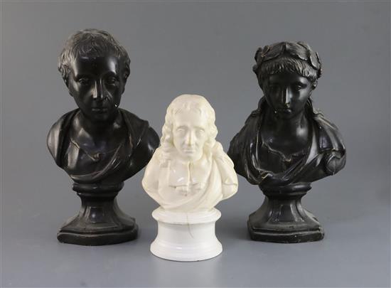 A pair of early 19th century bronzed plaster busts of Virgil and Pope, 7.5in.